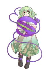  1girl alphes_(style) alternate_costume commentary_request commission dairi dress floral_print full_body gradient_clothes gradient_dress green_dress green_eyes green_hair grey_shoes hair_between_eyes heart heart_of_string highres holding holding_pillow komeiji_koishi long_sleeves looking_at_viewer parody parted_lips pillow puffy_long_sleeves puffy_sleeves rose_print shoes simple_background skeb_commission solo style_parody sweatdrop tachi-e third_eye touhou transparent_background yellow_pupils 