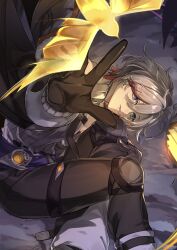  1boy absurdres ahoge bird black_gloves black_pants blue_eyes coat commentary genshin_impact gloves grey_hair hair_between_eyes hashtag-only_commentary highres illuga_(genshin_impact) knee_pads looking_at_viewer male_focus mole mole_under_eye multicolored_hair pants reaching reaching_towards_viewer red_hair red_pupils silver_trim solo sweater symbol-only_commentary teeth thigh_strap turtleneck turtleneck_sweater two-tone_hair vision_(genshin_impact) wooosukida 