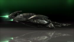  3d battleship_(eve_online) commentary dark_background english_commentary eve_online flying glowing green_theme highres jove_(eve_online) military_vehicle realistic reflective_floor science_fiction spacecraft thrusters vankaiser vehicle_focus 