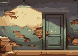  box brick_wall cardboard_box ceiling_light door light_switch no_humans original pixel_art scenery zjdelicious 