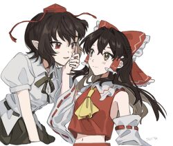  2girls artist_name ascot black_bow black_bowtie black_skirt blush bow bowtie brown_eyes brown_hair closed_mouth collared_shirt commentary detached_sleeves eye_contact frilled_bow frilled_hair_tubes frills hair_bow hair_tubes hakurei_reimu hand_on_another's_cheek hand_on_another's_face hand_on_another's_hand hat long_hair looking_at_another multiple_girls navel pointy_ears puffy_short_sleeves puffy_sleeves red_bow red_eyes red_hat red_skirt ribbon-trimmed_sleeves ribbon_trim shameimaru_aya shirt short_sleeves simple_background skirt skirt_set smile tokin_hat touhou uehara_suiyo white_background white_shirt yellow_ascot yuri 