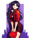  1girl absurdres artist_name breasts commission cross cross_necklace earrings highres holding jacket jewelry katsuragi_misato necklace neon_genesis_evangelion purple_hair red_headwear red_jacket solo thiccline 