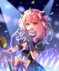  1girl :d absurdres anya_(spy_x_family) black_dress blurry blurry_background bow bowtie chinese_commentary commentary_request confetti dark_background dress four-finger_heart_hands gloves glowstick green_eyes grey_gloves hair_bow hairpods headset heart heart_hands highres huodadada idol light_particles medium_hair microphone_stand pink_bow pink_bowtie pink_hair puffy_short_sleeves puffy_sleeves short_sleeves smile solo spotlight spy_x_family teeth tongue upper_body upper_teeth_only 