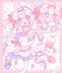  1girl :3 :d animal_ear_legwear animal_ears bare_shoulders bell blue_shoes blue_skirt blush bow cat_ear_legwear cat_ears cat_girl cherry closed_mouth commentary cup dot_nose double-parted_bangs drinking_glass fanqiealxe food foot_out_of_frame four-finger_heart_hands fruit hair_between_eyes hair_bow heart heart_hands heart_in_heart_hands highres ice_cream ice_cream_float leg_up long_hair long_sleeves looking_at_viewer miniskirt multiple_views navel neck_bell open_mouth original pastel_colors red_bow sample_watermark shirt shoes skirt smile standing standing_on_one_leg star-shaped_pupils star_(symbol) symbol-only_commentary symbol-shaped_pupils thigh-highs twintails watermark white_hair white_shirt white_thighhighs yellow_eyes yume_kawaii zettai_ryouiki 