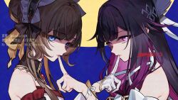  2girls akaneya_(akaneya1484) arm_ribbon bare_shoulders black_bow black_hair blue_background blue_eyes bow brown_hair columbina_(genshin_impact) commentary_request dress empty_eyes finger_to_another's_mouth frilled_sleeves frills from_side gem genshin_impact gloves gold_trim hair_bow hair_ornament hair_ribbon headdress identity_(vocaloid) looking_at_viewer multicolored_hair multiple_girls pink_eyes pink_hair red_gem ribbon sandrone_(genshin_impact) strapless strapless_dress two-tone_hair updo watermark white_bow white_gloves white_ribbon wing_hair_ornament 