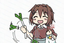  1girl artist_logo bleach blush_stickers brown_sweater closed_eyes commentary_request food furutaka_(kancolle) furutaka_(valentine)_(kancolle) groceries highres holding holding_food holding_spring_onion holding_vegetable kantai_collection kutone_shirika leekspin_(meme) logo meme parody scene_reference short_hair smile solo spring_onion sweater upper_body vegetable watermark white_background 
