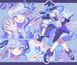  1girl :d arm_support black_cape black_corset black_gloves black_hat black_shoes black_skirt blue_background blue_bow blue_hair blue_nails blunt_bangs blush book bow bowtie braid braided_hair_rings bridal_gauntlets bright_pupils bug butterfly butterfly_hair_ornament butterfly_on_hand cape collared_shirt commentary_request commission corset dekaimikan014 dress earrings fingerless_gloves floating floating_book floating_object full_body gloves hair_ornament hair_ribbon hair_rings hairclip hand_up hat hat_bow head_tilt highres holding holding_book hood hooded_cape invisible_chair jewelry long_hair long_sidelocks looking_at_viewer multiple_expressions multiple_views original outline own_hands_clasped own_hands_together pastel_colors pink_background portrait puffy_sleeves ribbon shirt shoes short_sleeves sidelocks signature sitting skeb_commission skirt smile socks solo stud_earrings thank_you thick_eyelashes thick_outlines twin_braids very_long_hair white_dress white_outline white_pupils white_shirt white_socks witch witch_hat 