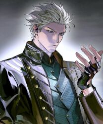  1boy black_jacket blue_vest closed_mouth devil_may_cry_(series) devil_may_cry_5 fingerless_gloves gloves grey_background hair_slicked_back hand_up hashtag-only_commentary highres hong_990 jacket long_sleeves male_focus short_hair solo upper_body v-shaped_eyebrows vergil_(devil_may_cry) vest white_hair 