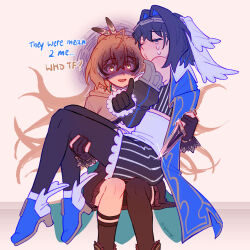  2girls absurdres ahoge aura black_gloves black_pantyhose blue_hair blush brown_capelet brown_cloak brown_hair capelet carrying chain chain_headband cloak corset dark_aura detached_sleeves english_text feather_hair_ornament feathers gloves glowing glowing_eyes hair_intakes hair_ornament hairclip highres hololive hololive_english hydroxyl knife long_hair multicolored_hair multiple_girls nanashi_mumei nanashi_mumei_(1st_costume) ouro_kronii ouro_kronii_(1st_costume) pantyhose partially_fingerless_gloves ponytail princess_carry shirt short_hair skirt streaked_hair tears thigh-highs very_long_hair virtual_youtuber white_shirt yuri 