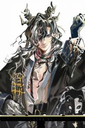  1boy arknights artist_name bandaged_neck bandages black_bandages black_coat black_eyes black_hair chest_tattoo chinese_clothes closed_mouth clothing_request coat commentary_request dragon_boy dragon_horns earrings eastern_dragon_horns gold_earrings gold_ring hair_between_eyes hand_tattoo hand_up heterochromia highres horns jewelry long_hair long_sleeves looking_at_viewer male_focus multicolored_hair neck_tattoo open_clothes open_coat parted_bangs pointy_ears ring serious simple_background single_earring solo streaked_hair tattoo upper_body v-shaped_eyebrows wang_(arknights) white_background white_hair yellow_eyes yingzi 