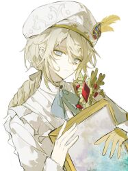  1boy anlingennny beret blonde_hair blue_eyes blue_ribbon chinese_commentary commentary_request edgar_valden edgar_valden_(golden_ratio) frilled_sleeves frills gloves hair_between_eyes hat hat_feather head_tilt highres holding_painting identity_v long_hair long_sleeves looking_at_viewer male_focus painting_(object) ponytail ribbon shirt sidelocks simple_background single_glove solo upper_body white_background white_hat white_shirt yellow_gloves yellow_ribbon 
