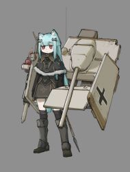  animal_ears aqua_hair balkenkreuz black_capelet candle cannon capelet cat_ears colored_eyelashes cross frider fur-trimmed_capelet fur_trim highres jagdpanzer_iv jitome kneehighs long_hair long_sleeves mecha_musume original personification red_eyes socks war_thunder 