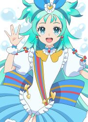  1girl artist_request back_bow blue_eyes blue_hair bow commentary_request excited feet_out_of_frame hair_bow highres leotard magical_girl princess_ripple princession_orchestra puffy_short_sleeves puffy_sleeves short_sleeves smile sorano_minamo upper_body waist_cape water_drop waving white_leotard 