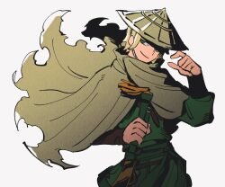  1boy alternate_costume animification belt blonde_hair brown_cloak brown_hat cloak closed_mouth commentary_request cowboy_shot film_grain green_belt green_eyes haaa_om007ls hand_up hat highres holding holding_sword holding_weapon korean_commentary lloyd_garmadon long_sleeves looking_at_viewer male_focus ninjago rice_hat short_hair simple_background smirk solo sword weapon white_background 