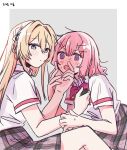  2girls @_@ amaori_renako blonde_hair blush braid byaegsu cosmetics face_grab hair_ornament hand_on_another&#039;s_chin highres holding holding_lipstick_tube kneeling lipstick lipstick_tube long_hair makeup multiple_girls ouzuka_mai pink_hair school_uniform short_hair sitting watashi_ga_koibito_ni_nareru_wake_naijan_murimuri 