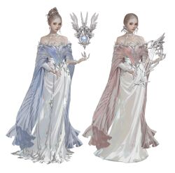  2girls bare_shoulders breasts brown_eyes brown_hair capelet concept_art dress earrings hair_bun highres jewelry jkml multiple_girls necklace original red_lips standing white_background white_dress 