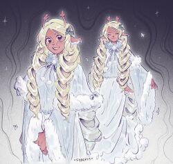  1girl animal_ear_piercing animal_ears blonde_hair brown_eyes closed_eyes commentary curly_hair deer_ears deer_girl deltarune english_commentary fur-trimmed_robe fur_trim furry furry_female highres long_hair multiple_views noelle_holiday noelle_holiday_(dark_world) robe signature syaeris utdr_(toby_fox) white_robe wide_sleeves 