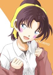  1girl :d artist_name black_hair black_shirt blue_eyes blush cardigan cardigan_partially_removed clenched_hands collarbone collared_shirt commentary_request crom1412 dress_shirt hair_ribbon head_tilt high_ponytail highres long_sleeves meitantei_conan open_mouth pink_cardigan ponytail ribbon shirt shirt_under_shirt smile solo tooyama_kazuha twitter_username two-tone_background upper_body white_shirt yellow_ribbon 