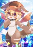  :d animal_ear_fluff avita blonde_hair blurry blurry_background blush brown_eyes cabbie_hat commentary_request commission depth_of_field ears_through_headwear fang feet_out_of_frame furry hair_between_eyes hand_up hat indie_virtual_youtuber kou_hiyoyo looking_at_viewer orange_headwear orange_wings outstretched_arm skeb_commission smile solo virtual_youtuber 