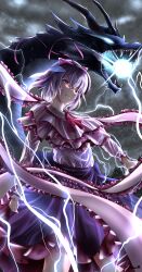  1girl absurdres black_skirt capelet commentary dragon electricity frilled_capelet frilled_shawl frilled_skirt frills grey_background grin highres lightning long_sleeves looking_at_viewer nagae_iku naitmer purple_hair red_eyes shawl shirt short_hair signature skirt smile solo touhou white_shirt 