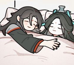  2boys bindi black_hair black_hanfu black_nails chibi chibi_only chinese_clothes closed_eyes closed_mouth corpse cuddling curtained_hair half_updo hanfu head_on_pillow highres indoors layered_sleeves light_blush long_sleeves luo_binghe male_focus multiple_boys pale_skin parted_bangs pillow renzha_fanpai_zijiu_xitong ribboned_xiao_guan shen_qingqiu sleeping smile spoilers under_covers wide_sleeves wolf_cut zorenbigmalo zuiyin 