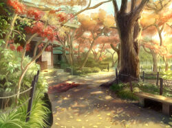  artist_name bench building commentary_request grass highres leaf no_humans okurasato original outdoors scenery stairs tree wire_fence wooden_bench 