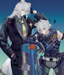  2boys absurdres animal_ear_fluff animal_ears belt belt_buckle bicep_strap black_gloves black_jacket black_suit brothers buckle cat_boy cat_ears cat_tail collared_shirt colored_inner_hair colored_tips crossed_bangs gloves gradient_background grey_shirt hair_intakes half_gloves half_updo hand_in_pocket highres hinatsu jacket long_hair long_sleeves multicolored_hair multiple_boys necktie police police_badge police_uniform policeman scar scar_on_arm scar_on_shoulder seth_lowell severian_lowell shirt siblings sleeveless suit tail thigh_belt thigh_strap very_long_tail violet_eyes white_hair yellow_eyes yellow_necktie zenless_zone_zero 