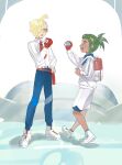  2boys :d ahoge alternate_costume backpack bag belt belt_buckle blonde_hair blue_pants buckle collared_shirt commentary_request eye_contact fanny_pack gladion_(pokemon) gloves green_eyes green_hair hand_on_own_hip hand_up hau_(pokemon) highres holding holding_poke_ball long_sleeves looking_at_another male_focus multiple_boys open_mouth pants pants_tucked_in partially_fingerless_gloves poke_ball pokemon pokemon_(game) pokemon_sm premier_ball red_bag s67569077 shirt shoes short_hair short_ponytail shorts single_glove smile standing white_belt white_footwear white_shirt white_shorts 