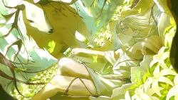  1other absurdres animal bare_shoulders blue_eyes bug butterfly commentary_request deer english_commentary feet_out_of_frame field flower flower_field green_butterfly highres long_hair looking_at_animal lying mixed-language_commentary okinairis on_back original outdoors parted_lips partially_submerged thai_commentary white_hair yellow_theme 