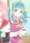  2girls absurdres aqua_hair black_sleeves blunt_bangs blush braid breast_pocket buttons center_frills closed_eyes closed_mouth collared_shirt cup dot_nose frilled_shirt frills futaba_sana green_eyes green_ribbon hair_ornament hair_scrunchie highres holding holding_cup kamihama_university_affiliated_school_uniform layered_sleeves long_sleeves looking_at_viewer magia_record:_mahou_shoujo_madoka_magica_gaiden mahou_shoujo_madoka_magica medium_hair miyama_rikka mizuna_girls&#039;_academy_school_uniform multiple_girls neck_ribbon out_of_frame pink_hair pink_ribbon pleated_skirt pocket purple_shirt purple_skirt red_sailor_collar ribbon sailor_collar sailor_shirt school_uniform scrunchie serafuku shirt shirt_under_shirt short_over_long_sleeves short_sleeves side_braids sidelocks skirt smile tamaki_iroha twintails upper_body wavy_hair white_shirt window yellow_scrunchie 