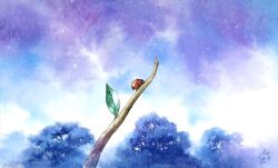  branch bug commentary_request fantasy ladybug leaf mocha_(cotton) nature no_humans one-hour_drawing_challenge original outdoors painting_(medium) scenery signature sky traditional_media tree watercolor_(medium) 