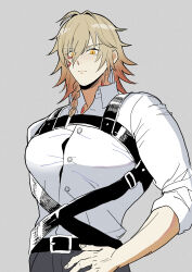  1boy absurdres arm_tattoo belt black_belt black_pants blonde_hair braid chest_harness chest_tattoo collared_shirt commentary_request facial_tattoo gradient_hair grey_background harness highres hino_1407 honkai:_star_rail honkai_(series) long_sleeves male_focus medium_hair multicolored_hair mydei_(honkai:_star_rail) pants red_hair red_tattoo shirt side_braid solo tattoo white_shirt yellow_eyes 