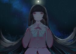  1girl black_hair blunt_bangs blush closed_mouth commentary floating_hair full_moon glowing glowing_eyes hashtag-only_commentary hime_cut houraisan_kaguya ilvsn6_6 long_hair long_sleeves looking_at_viewer moon night outdoors own_hands_together pink_shirt puffy_sleeves red_eyes shirt sky smile solo star_(sky) starry_sky symbol-only_commentary touhou twitter_username upper_body very_long_hair 