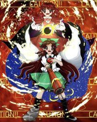  2girls absurdres arm_cannon asymmetrical_footwear bird_wings black_wings bow bowtie braid cape commentary_request english_text excited green_skirt highres long_hair multiple_girls ofuton_(rxn_vm) okazaki_yumemi red_cape red_eyes red_hair red_skirt reiuji_utsuho shirt skirt smile supernova_(star) third_eye touhou weapon white_cape white_shirt wings zun_(style) 