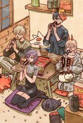  2boys 2girls animal_on_lap black_hair black_shirt black_skirt black_thighhighs blonde_hair bomb_devil_(chainsaw_man) bowl breasts brown_shoes cat cat_on_lap chainsaw_man character_pillow chopsticks demon_girl denji_(chainsaw_man) eating food food_in_mouth food_on_face fox_devil_(chainsaw_man) green_eyes grey_jacket grey_pants grey_sweater hair_between_eyes handheld_game_console hayakawa_aki high-waist_skirt highres holding holding_food hood hood_down hooded_jacket horns indian_style indoors jacket kneeling long_hair mask mask_on_head medium_breasts medium_hair meowy_(chainsaw_man) multiple_boys multiple_girls on_lap open_mouth pants pochita_(chainsaw_man) ponytail power_(chainsaw_man) purple_hair red_horns reze_(chainsaw_man) ribbed_sweater shirt shoes short_hair short_ponytail sitting skirt sweater table takeuchi_ryousuke thigh-highs turtleneck turtleneck_sweater updo white_sweater zettai_ryouiki 