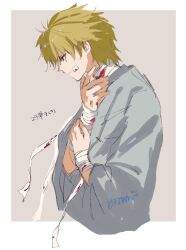  1boy alternate_hair_color bandaged_arm bandaged_neck bandages bandaid bandaid_on_cheek bandaid_on_face blonde_hair blood blood_on_bandages closed_mouth cropped_torso from_side highres hospital_gown loose_bandages male_focus nagisa_kaworu neon_genesis_evangelion short_hair signature solo translation_request upper_body yorumi1117 