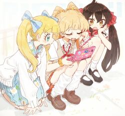  3girls aqua_eyes blonde_hair blush bow bracelet brown_hair cardigan closed_eyes dress fang hair_bow hair_ribbon handheld_game_console highres holding holding_handheld_game_console idolmaster idolmaster_cinderella_girls jewelry jougasaki_rika loafers long_hair long_sleeves loose_socks mary_cochran mary_janes matoba_risa miniskirt multiple_girls nendo23 nintendo_ds open_mouth playing_games playing_video_games ribbon school_uniform sexy_panthers_(idolmaster) shirt shoes short_sleeves sitting skirt smile socks sweater_vest twintails very_long_hair yellow_eyes 