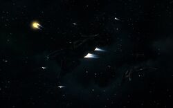  3d caldari_state_(eve_online) commentary dark dark_background english_commentary eve_online fleet flying highres military_vehicle missile_pod outdoors realistic science_fiction space spacecraft star_(sky) starfighter starry_sky_background vankaiser vehicle_focus 