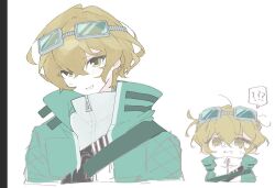  1boy ? ?? @_@ belt black_belt blonde_hair brown_eyes coat collared_coat commentary cropped_torso crossed_bangs devyat'_association_north_uniform goggles goggles_on_head green_coat hair_between_eyes head_tilt high_collar light_blush limbus_company looking_at_viewer male_focus messy_hair open_clothes open_coat open_mouth portrait project_moon s_08_nn_nn shirt sinclair_(project_moon) solo spoken_question_mark sweatdrop symbol-only_commentary turtleneck turtleneck_shirt white_background white_mouth white_shirt zipper_pull_tab 