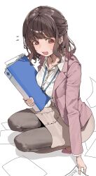  :3 binder black_pantyhose blunt_bangs breasts brown_eyes brown_hair character_request collared_shirt copyright_request dress highres holding_binder jacket kneeling layered_clothes medium_breasts medium_hair nervous office_lady open_mouth pantyhose pink_shoes scattered_paper shirt shoes sidelocks suit_jacket sweat white_background white_shirt yamada_no_orochi 