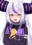  1girl absurdres black_collar braid braided_bangs coat collar crossed_arms demon_horns fangs grey_hair highres hololive horns la+_darknesss long_hair match_(scp115) metal_collar multicolored_hair necktie open_mouth pointy_ears purple_coat solo streaked_hair striped_horns upper_body virtual_youtuber yellow_eyes yellow_necktie 