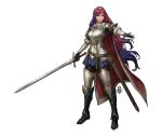  1girl alear_(female)_(fire_emblem) alear_(fire_emblem) alternate_costume armor blue_eyes fire_emblem fire_emblem_engage full_body heterochromia highres jaeon009 long_hair multicolored_hair outstretched_arm red_eyes redesign redhead simple_background solo standing sword two-tone_hair unsheathed very_long_hair weapon white_background 