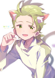  1boy :d animal_ear_fluff animal_ears cat_boy cat_ears cat_tail cilan_(pokemon) collared_shirt commentary_request green_eyes green_hair hand_up highres kemonomimi_mode long_sleeves looking_at_viewer male_focus open_mouth paw_pose pokemon pokemon_bw serizawa_serizane shirt short_hair simple_background smile solo tail twitter_username upper_body white_background white_shirt 