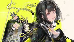  1girl arknights arknights:_endfield black_coat black_hair blunt_bangs character_charm charm_(object) coat doll endministrator_(arknights) female_endministrator_(arknights) grey_eyes hair_ornament hairpin highres liduke logo official_art open_clothes open_coat perlica_(arknights) second-party_source short_hair solo upper_body 