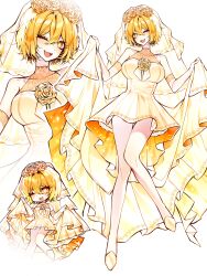  +_+ 1girl :3 absurdres bare_shoulders blonde_hair bridal_veil cherry_oux chibi chibi_inset collarbone don_quixote_(project_moon) dress elbow_gloves eyelashes fang flower flower_on_chest gloves hands_up head_tilt highres lace layered_dress leg_up limbus_company looking_at_viewer multiple_views one_eye_closed open_mouth pantyhose pleated_dress project_moon short_hair skirt_hold sleeveless solo veil wedding_dress white_background white_gloves white_pantyhose yellow_flower 
