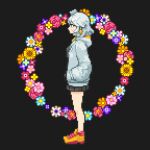  1girl black_skirt blue_eyes blush earrings flower full_body hood hoodie jewelry medium_hair original pixel_art pleated_skirt shibairo skirt solo star_(symbol) star_earrings white_hair white_hoodie yellow_footwear 