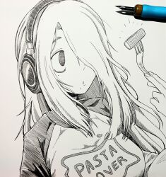  1girl breasts clauvio_(vtuber) food fork headphones highres holding holding_fork indie_virtual_youtuber ladnyvoid large_breasts long_hair mole mole_under_eye mole_under_mouth monochrome pasta pen shirt sketch virtual_youtuber 