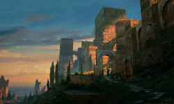 absurdres arch blue_sky castle commentary dirt_road english_commentary flock gradient_sky highres landscape middle_eastern_architecture orange_sky original outdoors painterly raphael-lacoste road scenery signature sky sunlight tower tree yellow_sky 