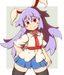  1girl animal_ears black_thighhighs blue_skirt closed_mouth collared_shirt commentary cowboy_shot grey_background hand_on_own_hip haruirokomici highres long_hair long_sleeves looking_at_viewer necktie pleated_skirt purple_hair rabbit_ears rabbit_girl red_eyes red_necktie reisen_udongein_inaba shirt simple_background skirt smile solo thigh-highs touhou v-shaped_eyebrows white_shirt 