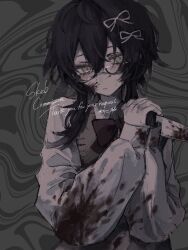  1girl artist_name averting_eyes black_hair blood blood_on_clothes blood_on_face blood_on_knife blood_on_weapon blood_stain blush bow bowtie commission eyelashes glasses green_background green_eyes hair_ornament hair_ribbon hashtag-only_commentary highres holding holding_knife knife muted_color original parted_lips ribbon school_uniform skeb_commission skirt sweat sweater_vest upper_body weapon xyz_0dr 